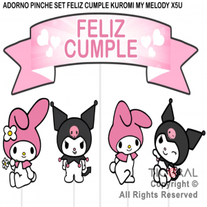 ADORNO PINCHE PARA TORTA FELIZ CUMPLE KUROMI x 5 UNIDADES